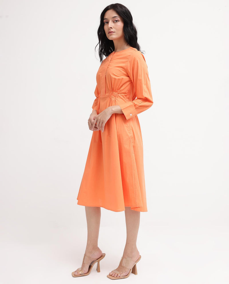 Rareism Women Lister Orange Cotton Fabric Regular Sleeves U Neck Solid Longline Dress