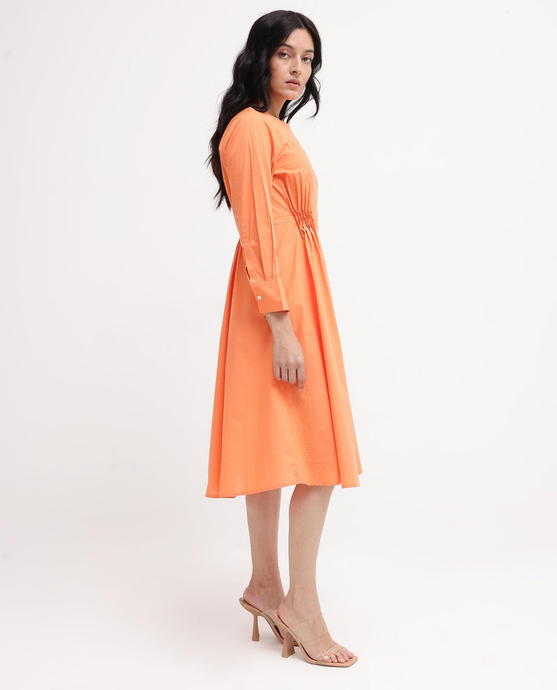 Rareism Women Lister Orange Cotton Fabric Regular Sleeves U Neck Solid Longline Dress