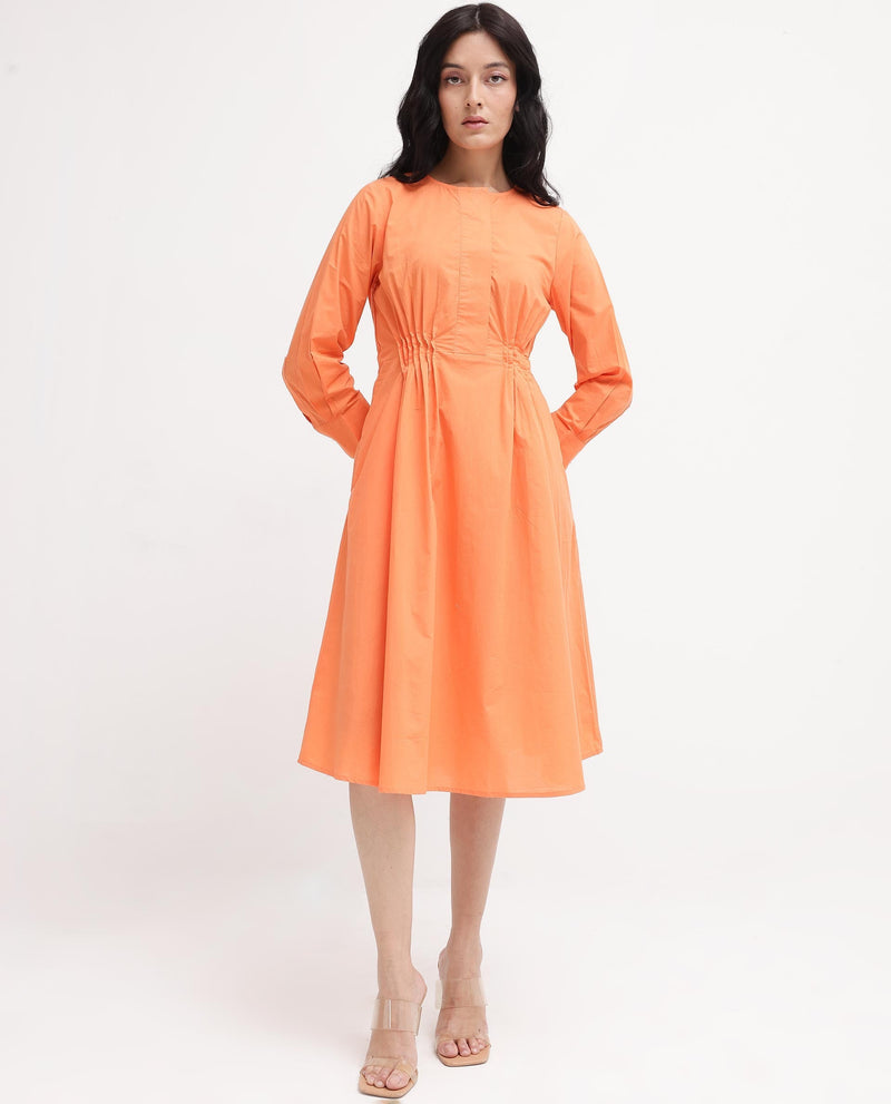 Rareism Women Lister Orange Cotton Fabric Regular Sleeves U Neck Solid Longline Dress