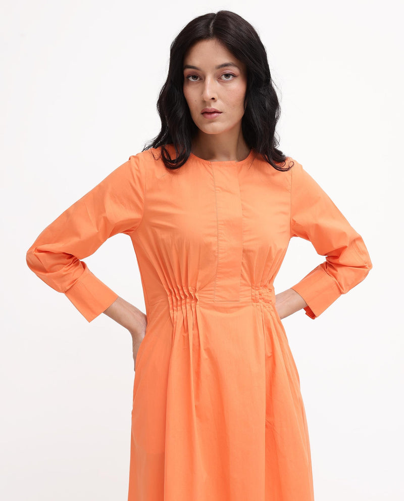 Rareism Women Lister Orange Cotton Fabric Regular Sleeves U Neck Solid Longline Dress