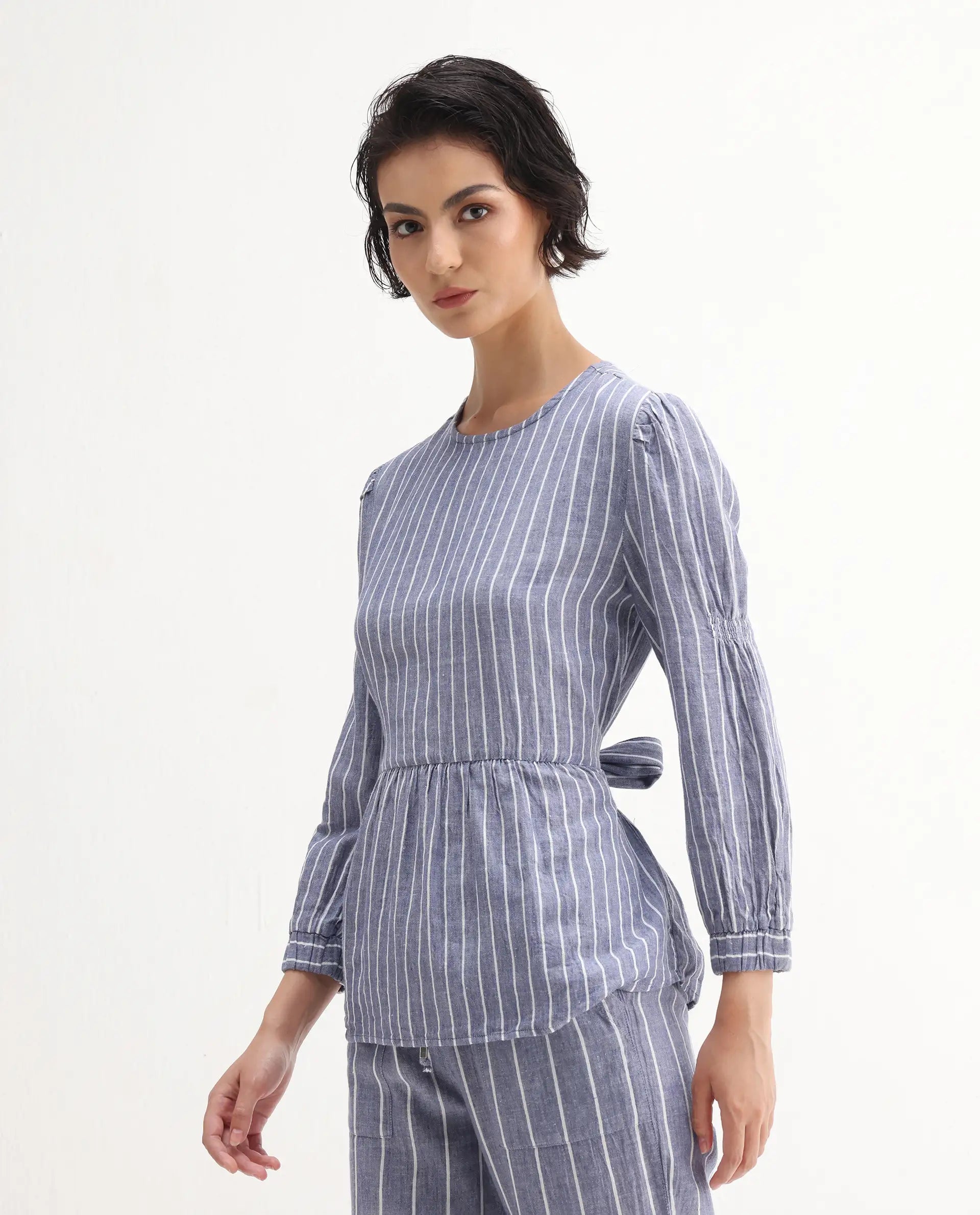 Rareism Women's Livia Blue Linen High Neck Striped Knee Length Relaxed Fit Top