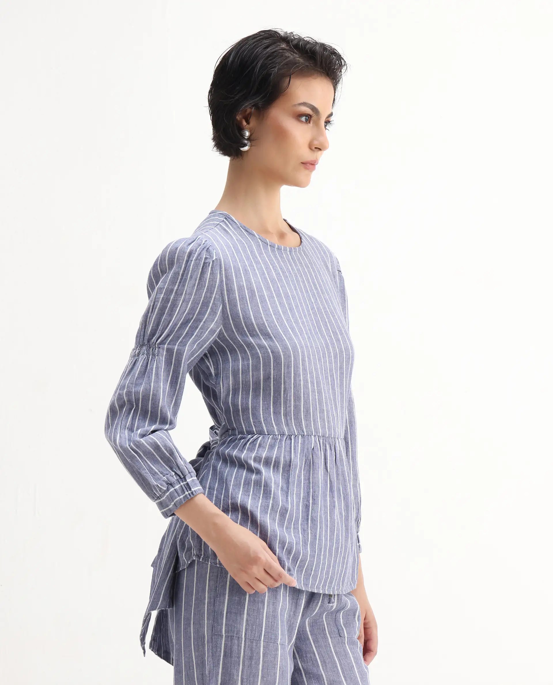 Rareism Women's Livia Blue Linen High Neck Striped Knee Length Relaxed Fit Top