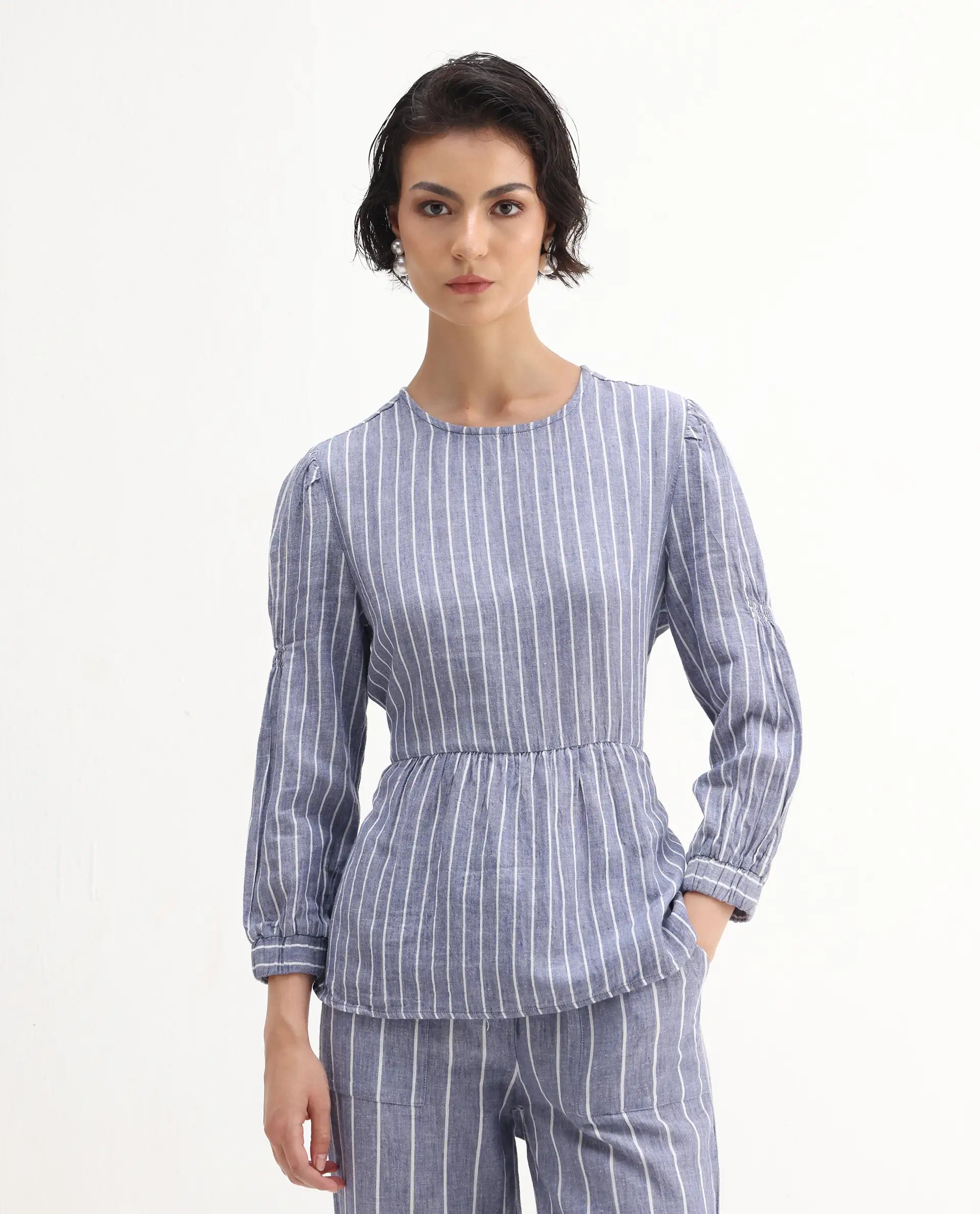 Rareism Women's Livia Blue Linen High Neck Striped Knee Length Relaxed Fit Top