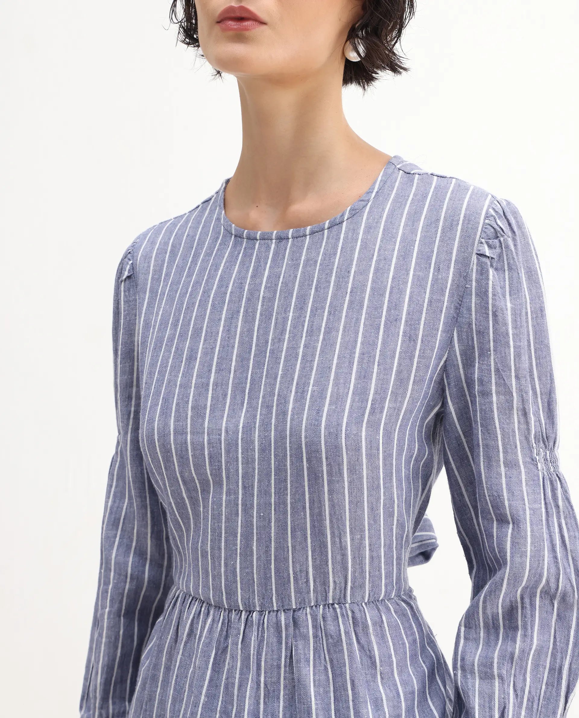 Rareism Women's Livia Blue Linen High Neck Striped Knee Length Relaxed Fit Top