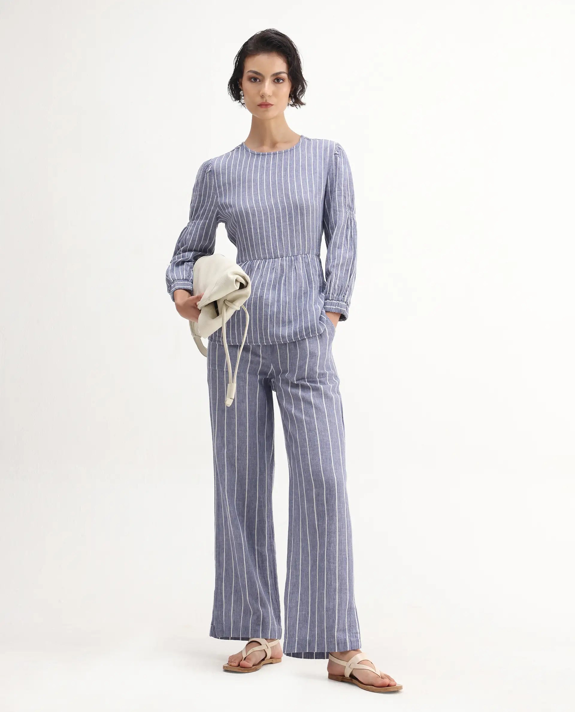 Rareism Women's Livia Blue Linen High Neck Striped Knee Length Relaxed Fit Top