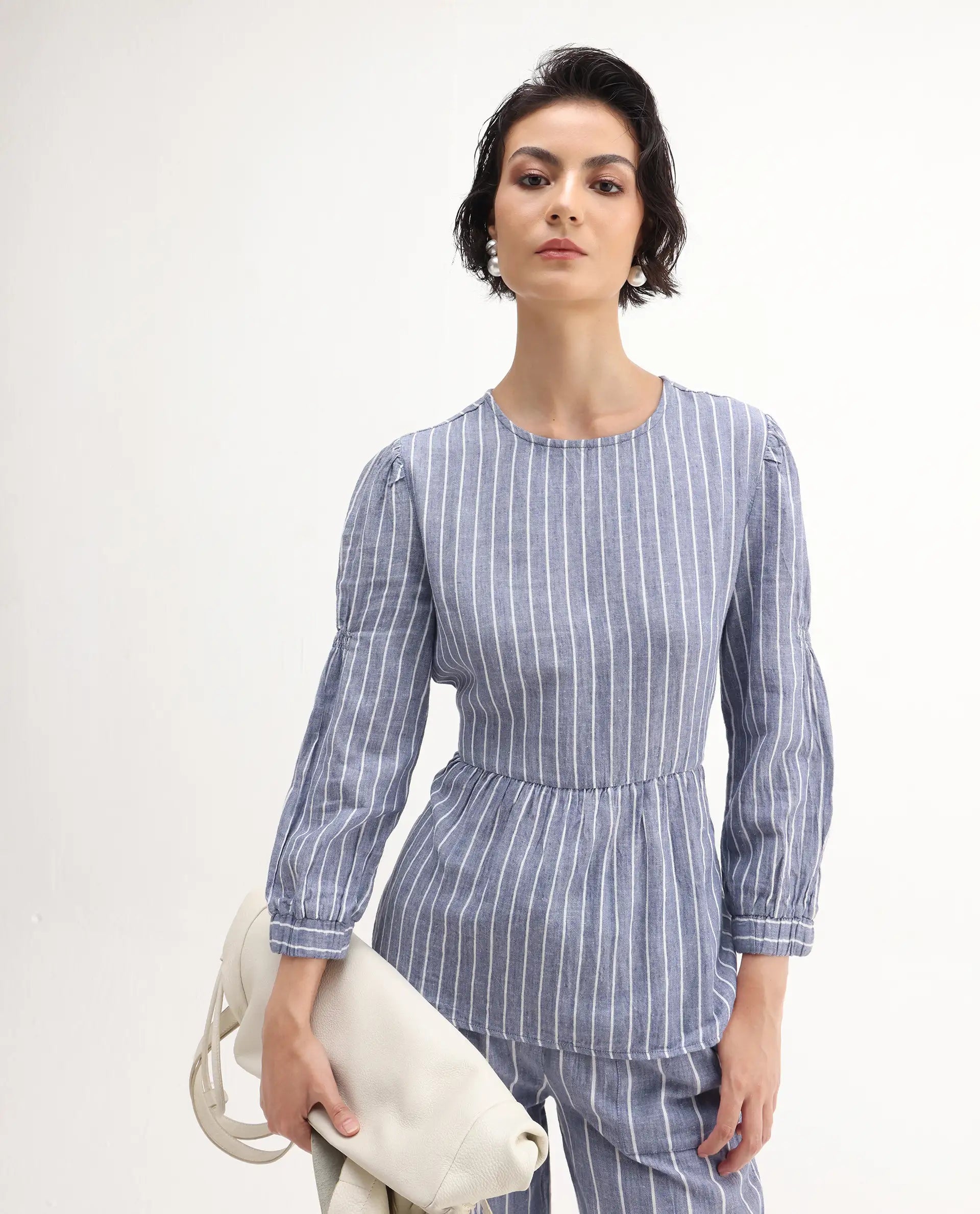 Rareism Women's Livia Blue Linen High Neck Striped Knee Length Relaxed Fit Top