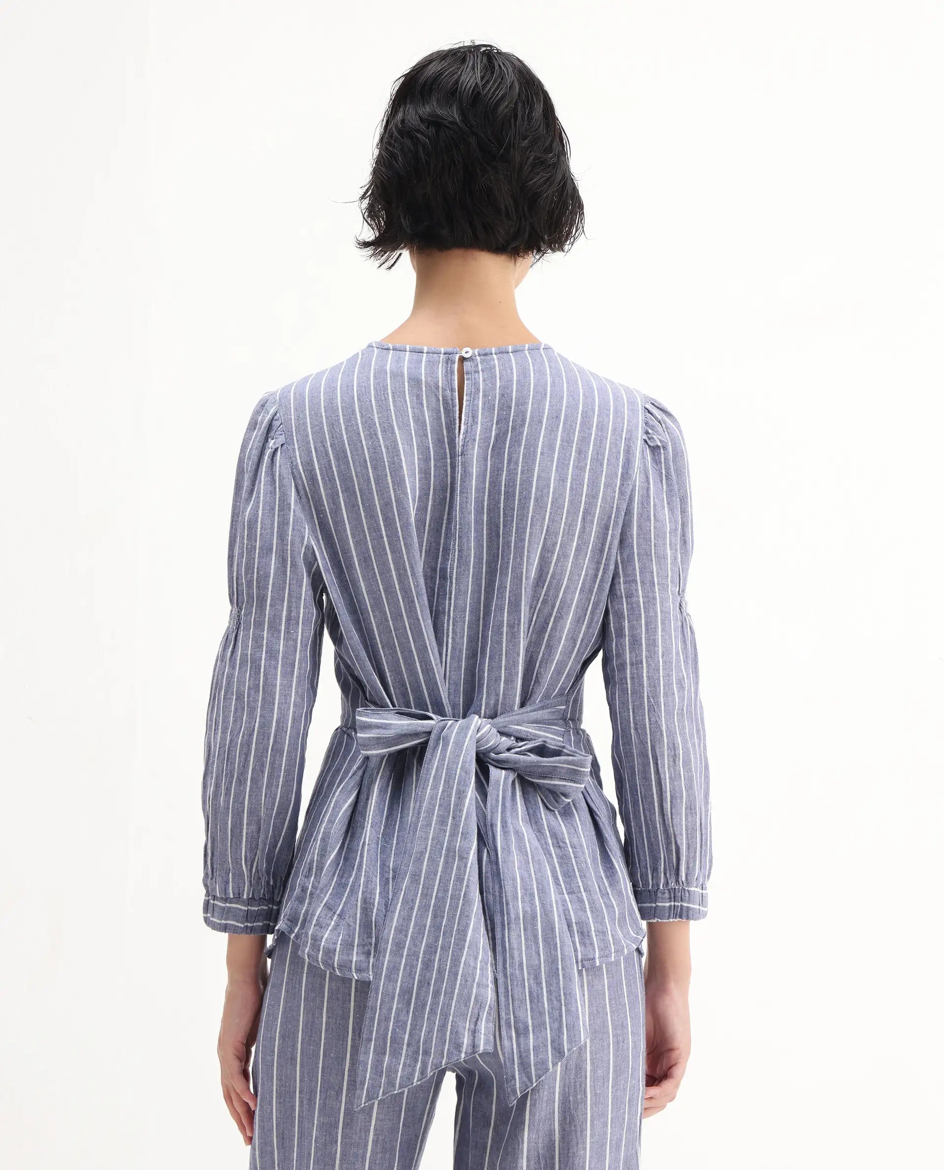 Rareism Women's Livia Blue Linen High Neck Striped Knee Length Relaxed Fit Top