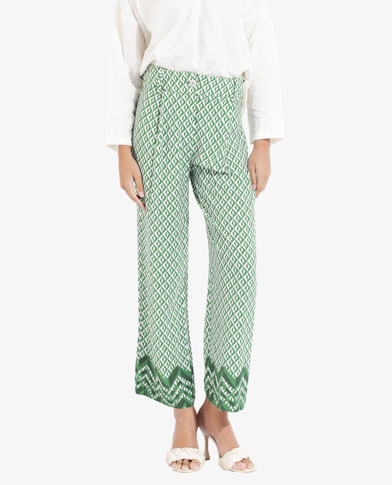 Rareism Women Livornob Dark Green Button Closure Straight Fit Ankle Length Geometric Print Trouser