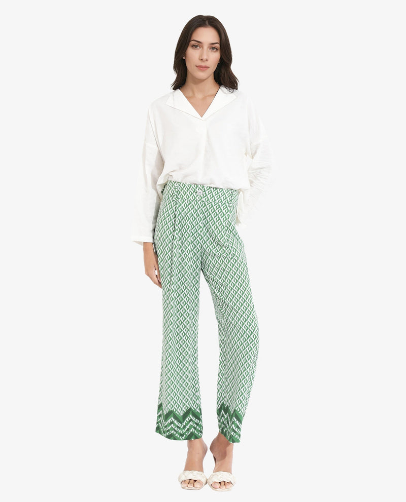 Rareism Women Livornob Dark Green Button Closure Straight Fit Ankle Length Geometric Print Trouser