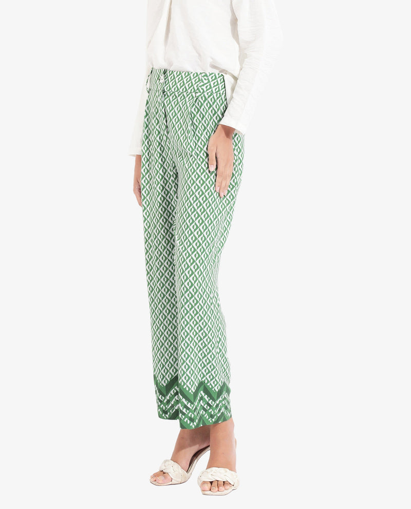 Rareism Women Livornob Dark Green Button Closure Straight Fit Ankle Length Geometric Print Trouser