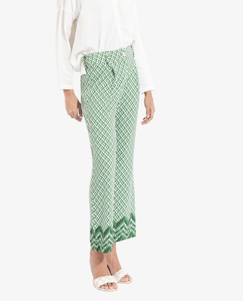 Rareism Women Livornob Dark Green Button Closure Straight Fit Ankle Length Geometric Print Trouser