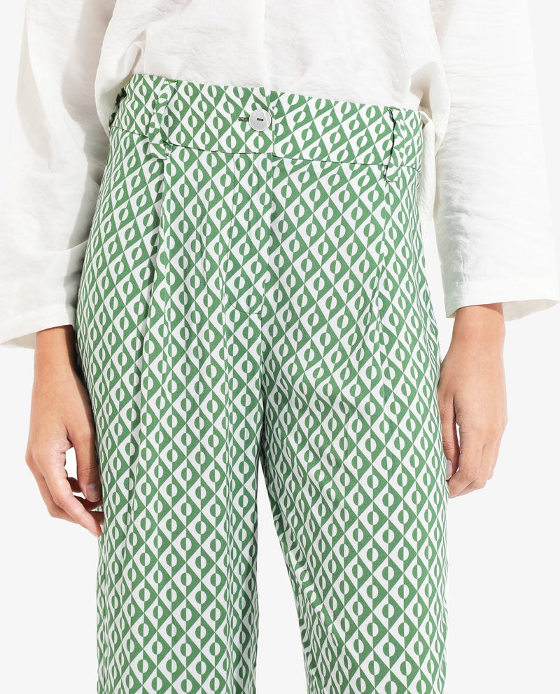 Rareism Women Livornob Dark Green Button Closure Straight Fit Ankle Length Geometric Print Trouser