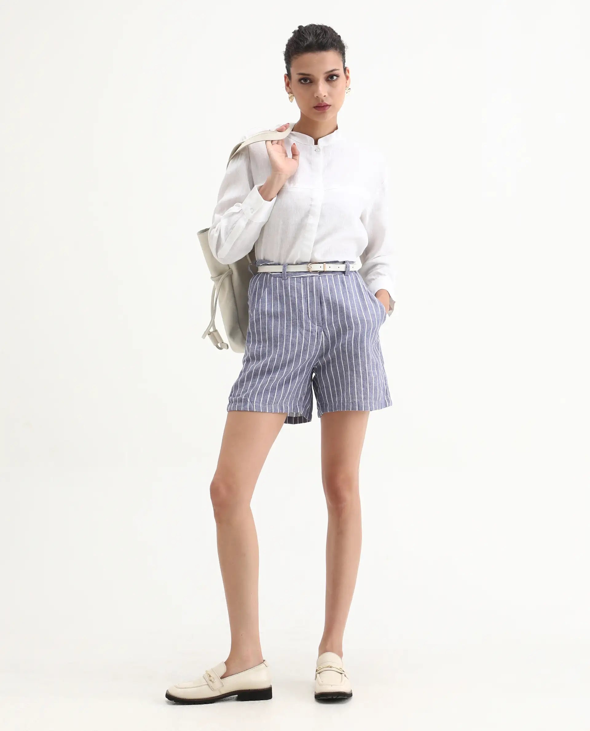 Rareism Women's Liya Blue Linen Striped Regular Fit Shorts