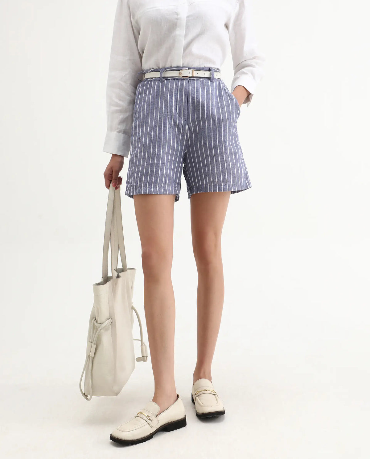 Rareism Women's Liya Blue Linen Striped Regular Fit Shorts