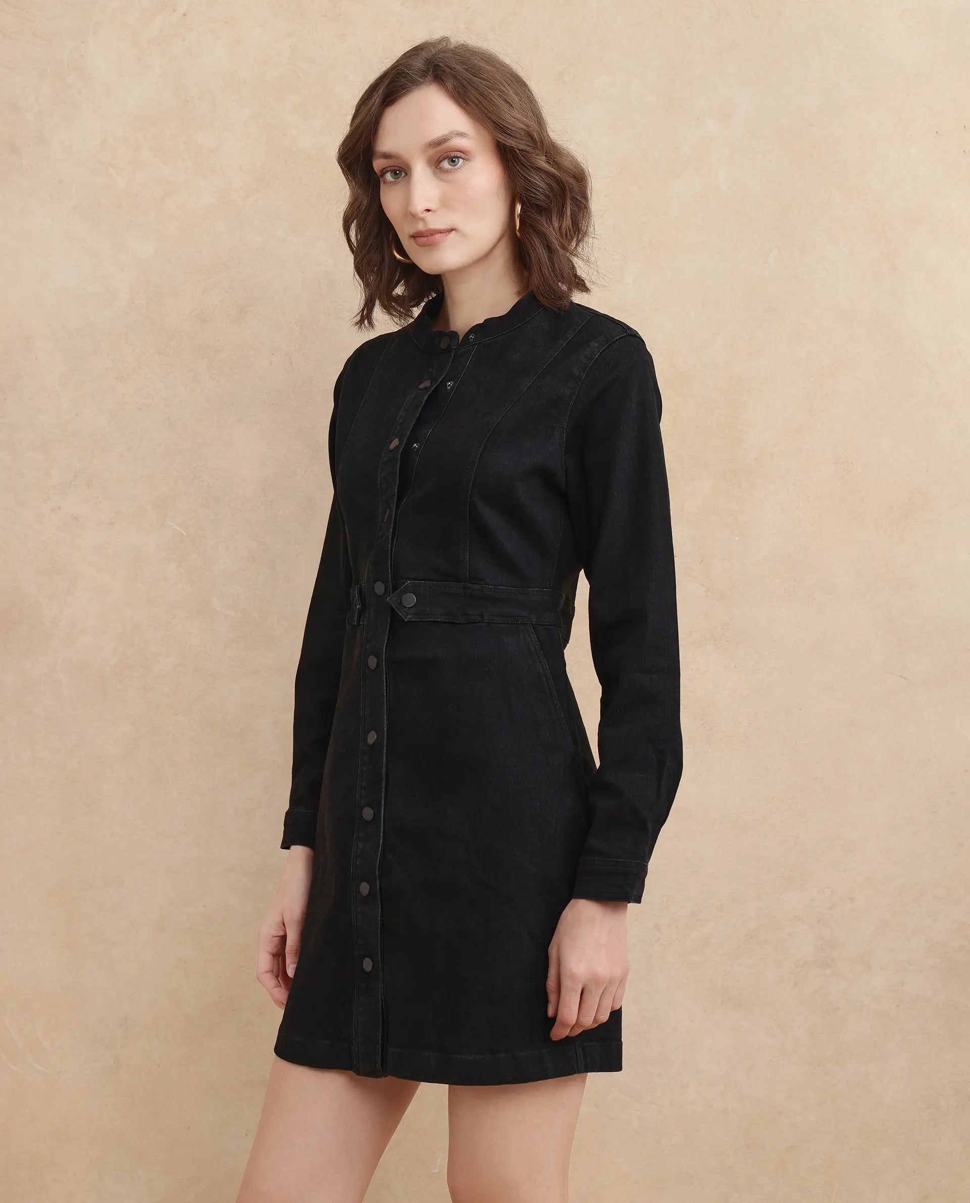 Rareism Women's Lizmi Black Cotton Blend Fabric High Neck Button Closure Cuffed Sleeve Plain  Mini Dress