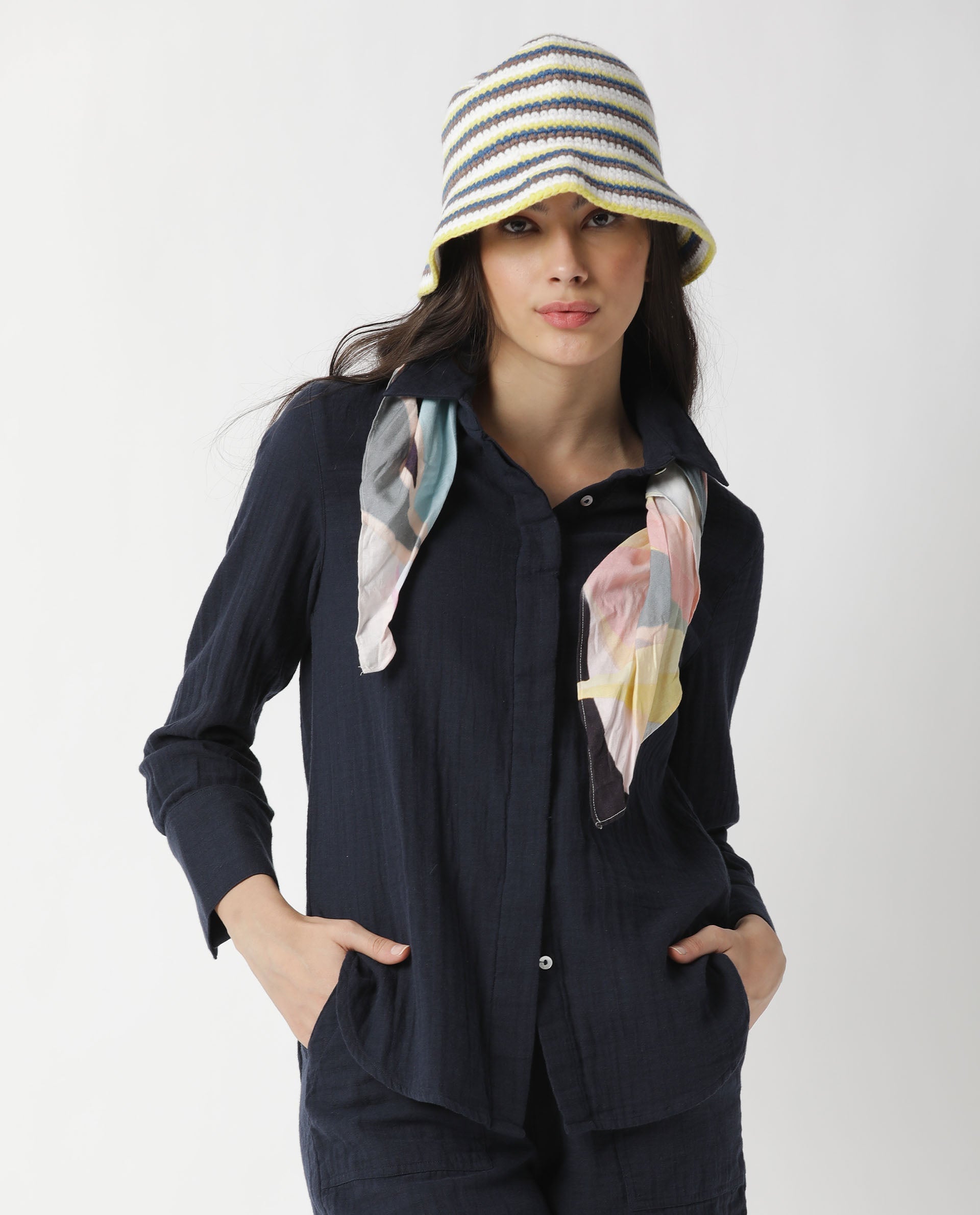 Rareism Womens Lock Navy Top Cotton Fabric Regular Fit Cuffed Sleeve Collared Neck
