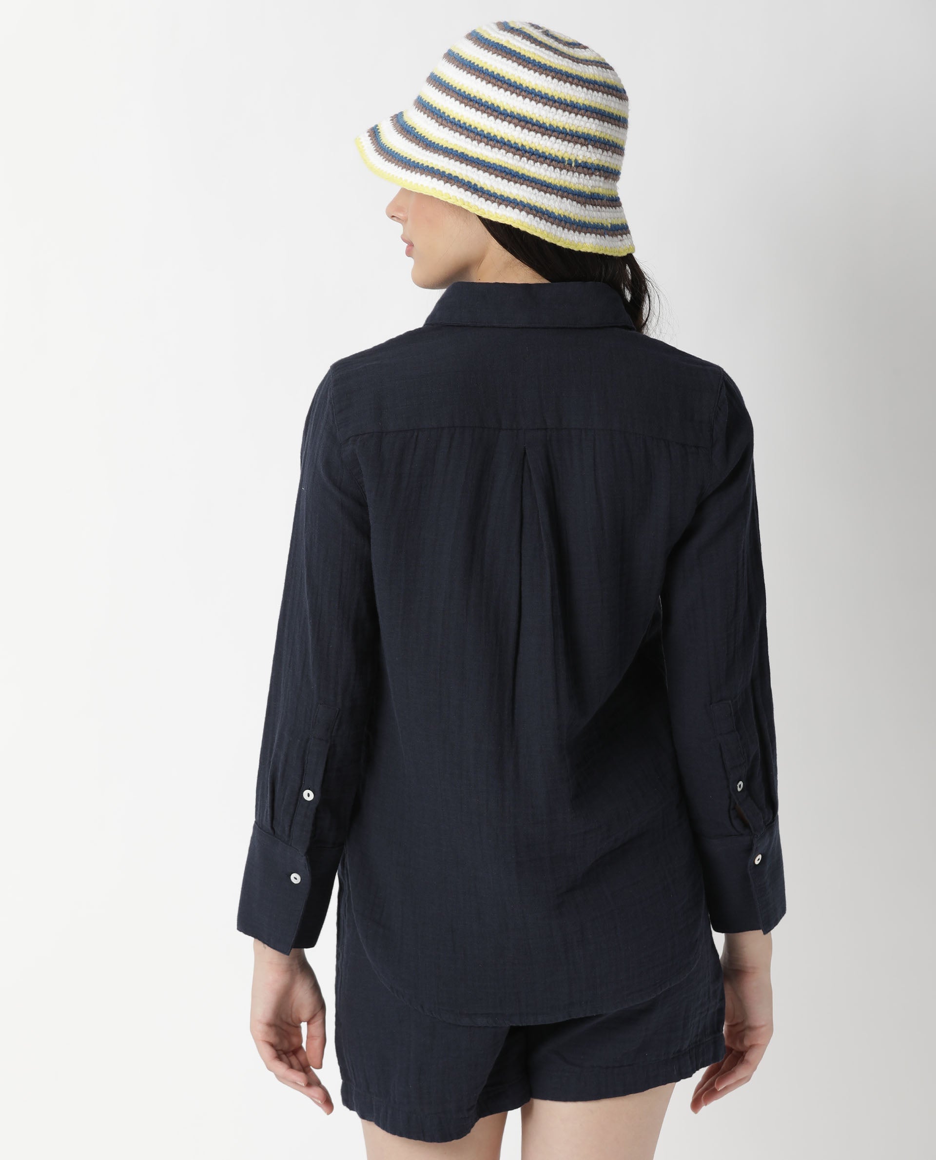 Rareism Womens Lock Navy Top Cotton Fabric Regular Fit Cuffed Sleeve Collared Neck