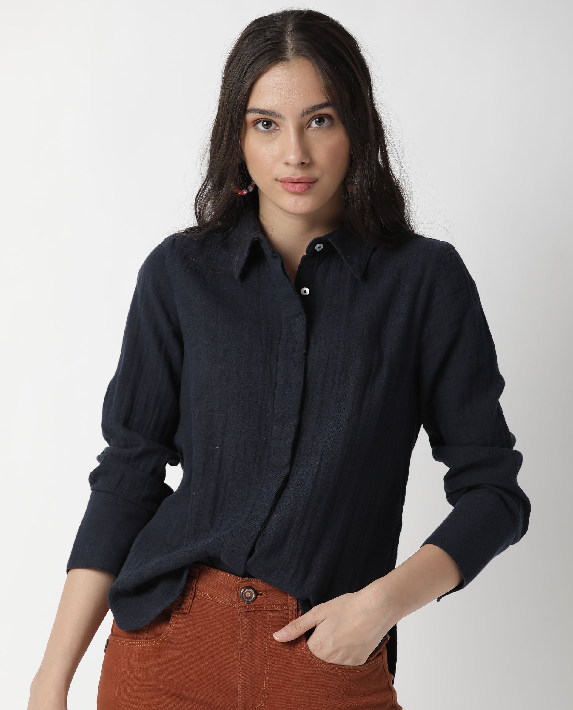 Rareism Womens Lock Navy Top Cotton Fabric Regular Fit Cuffed Sleeve Collared Neck
