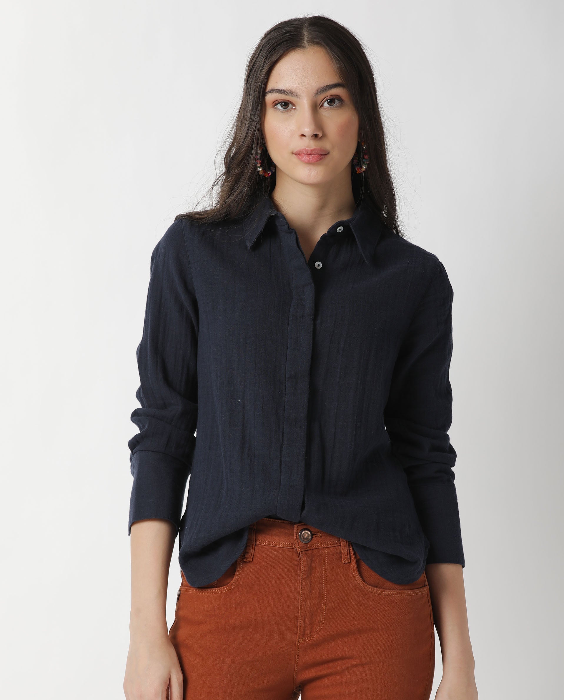 Rareism Womens Lock Navy Top Cotton Fabric Regular Fit Cuffed Sleeve Collared Neck