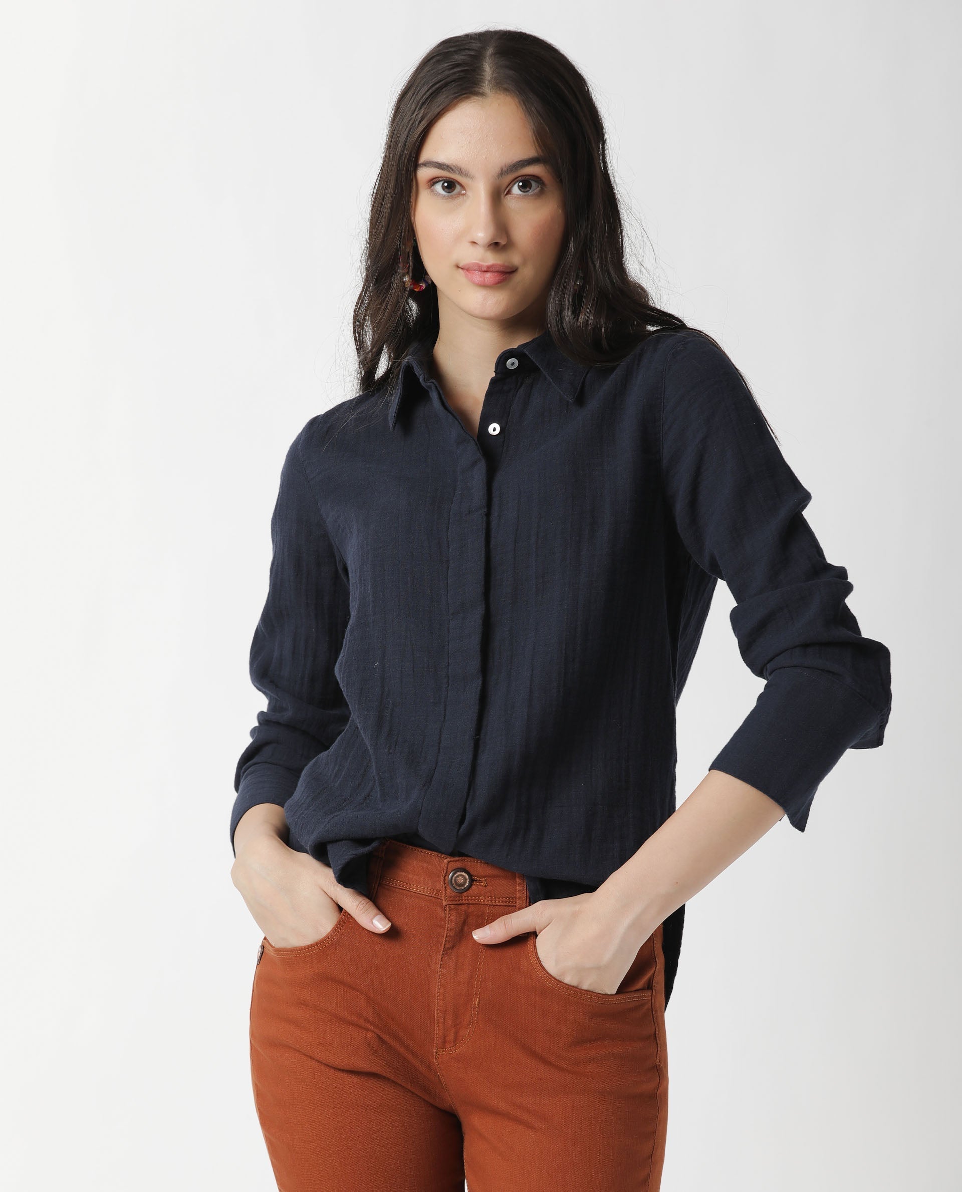 Rareism Womens Lock Navy Top Cotton Fabric Regular Fit Cuffed Sleeve Collared Neck
