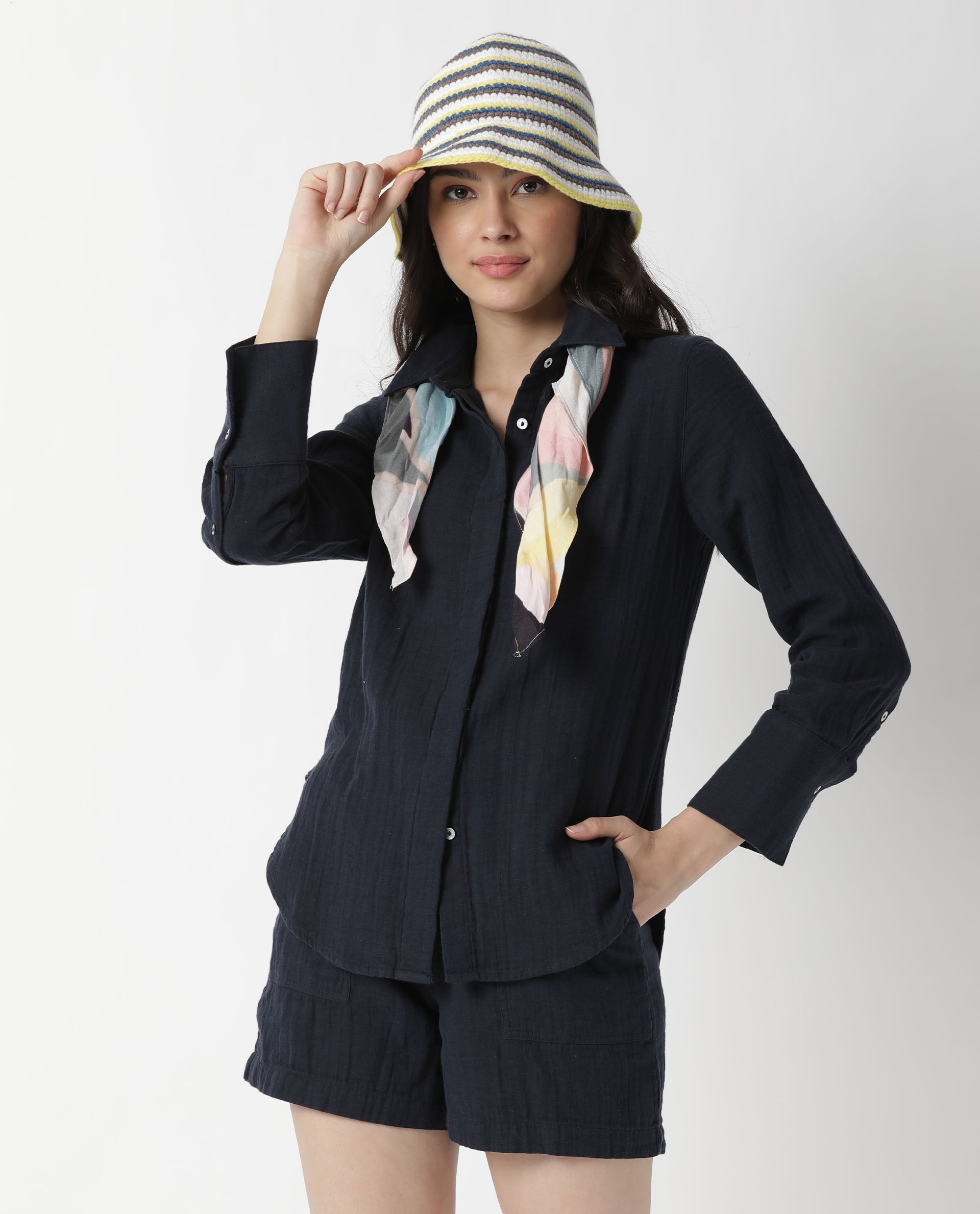 Rareism Womens Lock Navy Top Cotton Fabric Regular Fit Cuffed Sleeve Collared Neck