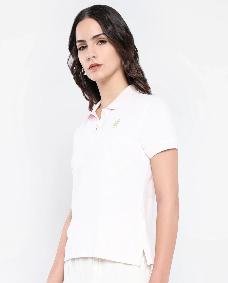 Rareism Women Logan Light Pink Cotton Lycra Fabric Short Sleeve Polo Collar Button Closure Plain Polo