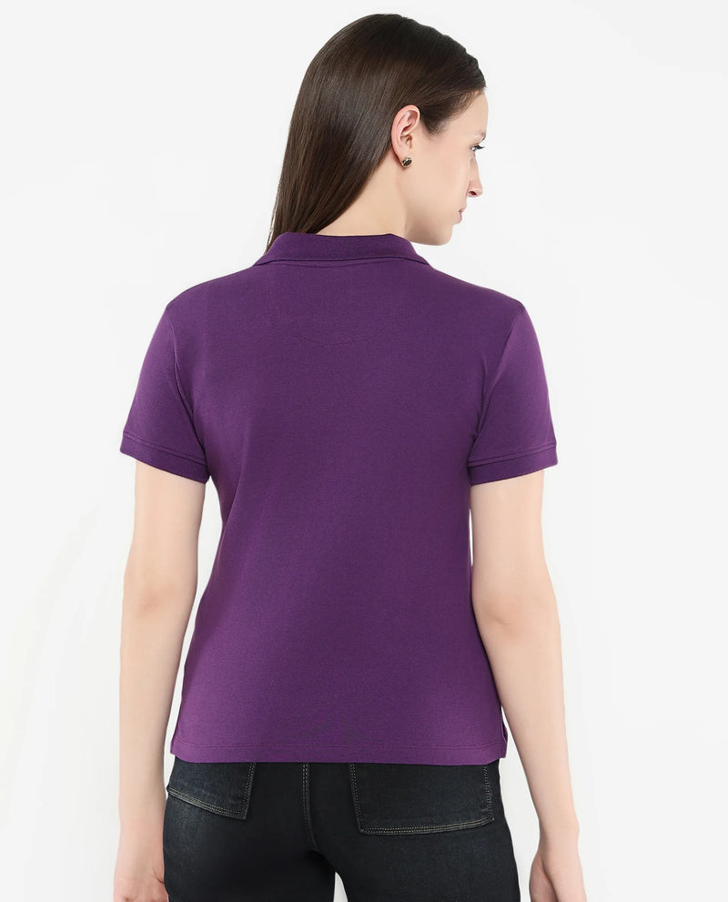 Rareism Women Logan Purple Cotton Lycra Fabric Short Sleeve Polo Collar Button Closure Plain Polo