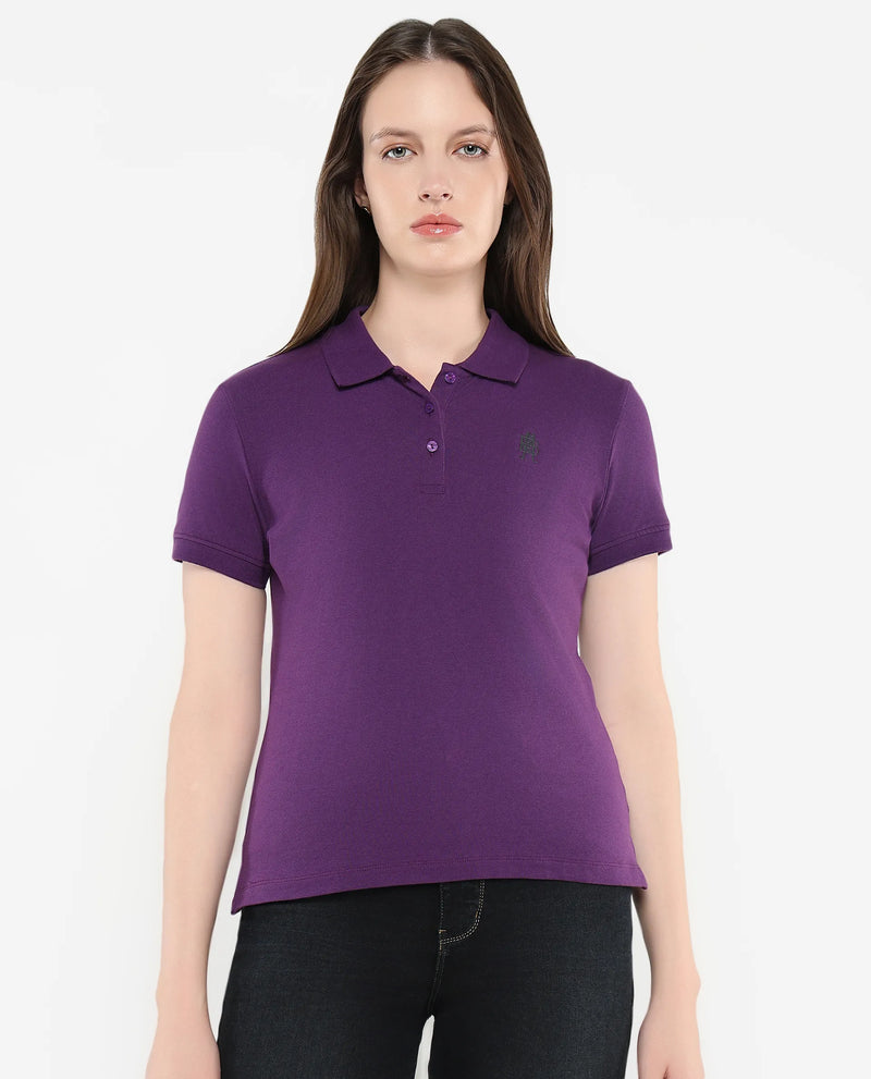 Rareism Women Logan Purple Cotton Lycra Fabric Short Sleeve Polo Collar Button Closure Plain Polo