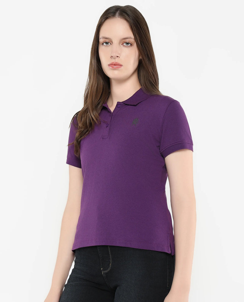 Rareism Women Logan Purple Cotton Lycra Fabric Short Sleeve Polo Collar Button Closure Plain Polo