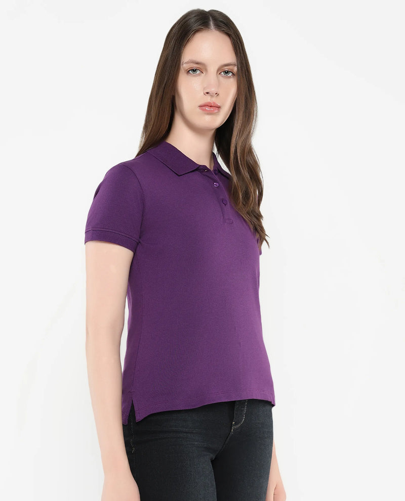 Rareism Women Logan Purple Cotton Lycra Fabric Short Sleeve Polo Collar Button Closure Plain Polo