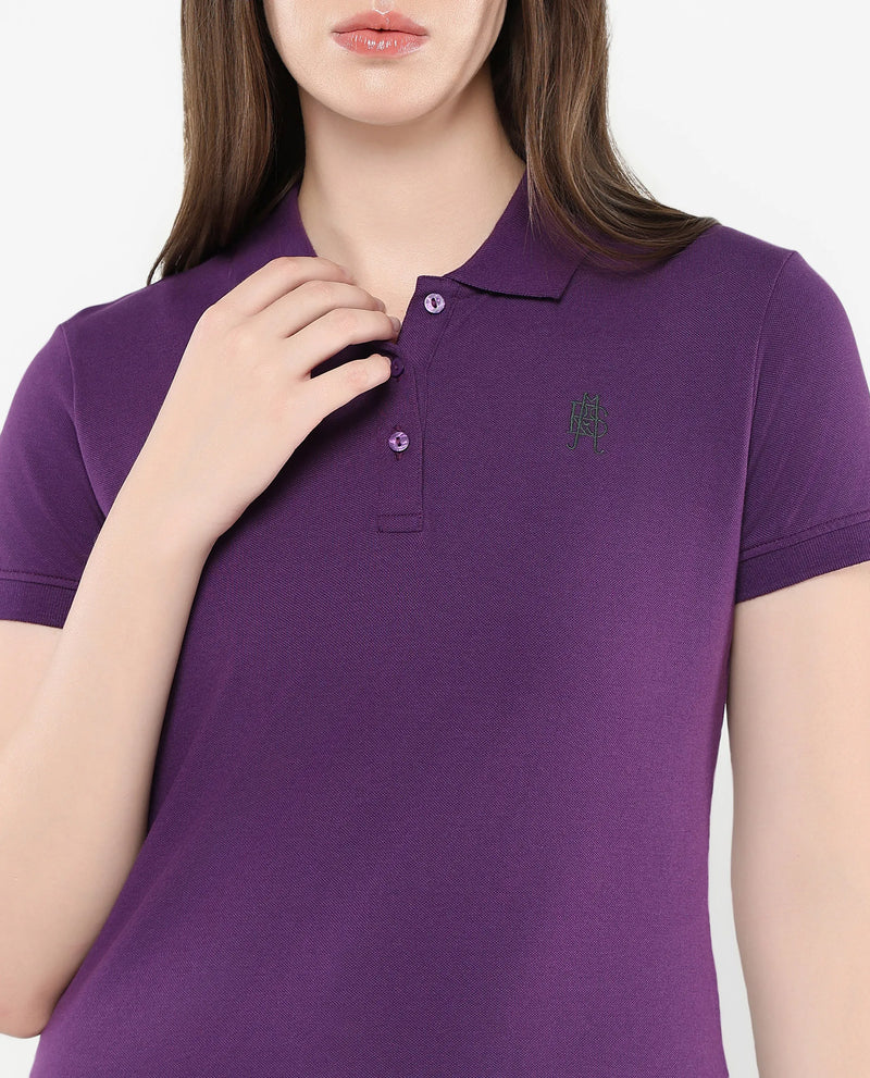 Rareism Women Logan Purple Cotton Lycra Fabric Short Sleeve Polo Collar Button Closure Plain Polo