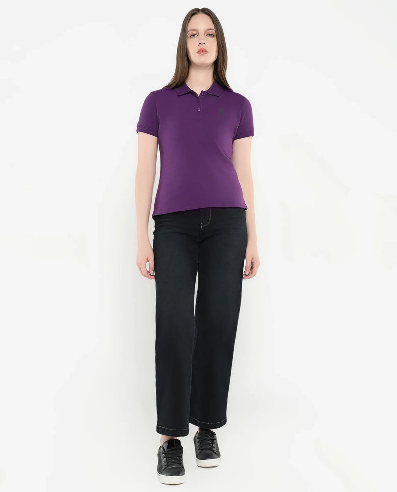 Rareism Women Logan Purple Cotton Lycra Fabric Short Sleeve Polo Collar Button Closure Plain Polo