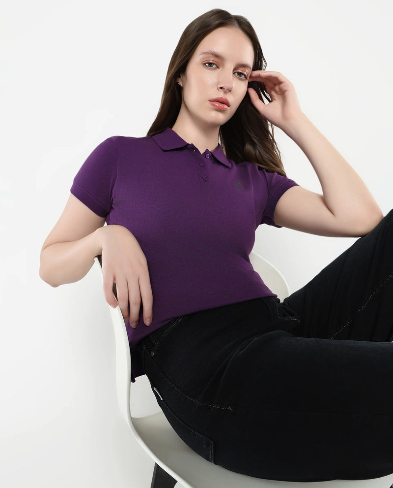 Rareism Women Logan Purple Cotton Lycra Fabric Short Sleeve Polo Collar Button Closure Plain Polo