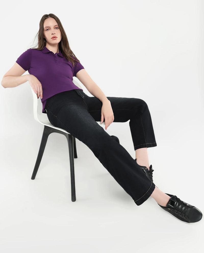 Rareism Women Logan Purple Cotton Lycra Fabric Short Sleeve Polo Collar Button Closure Plain Polo