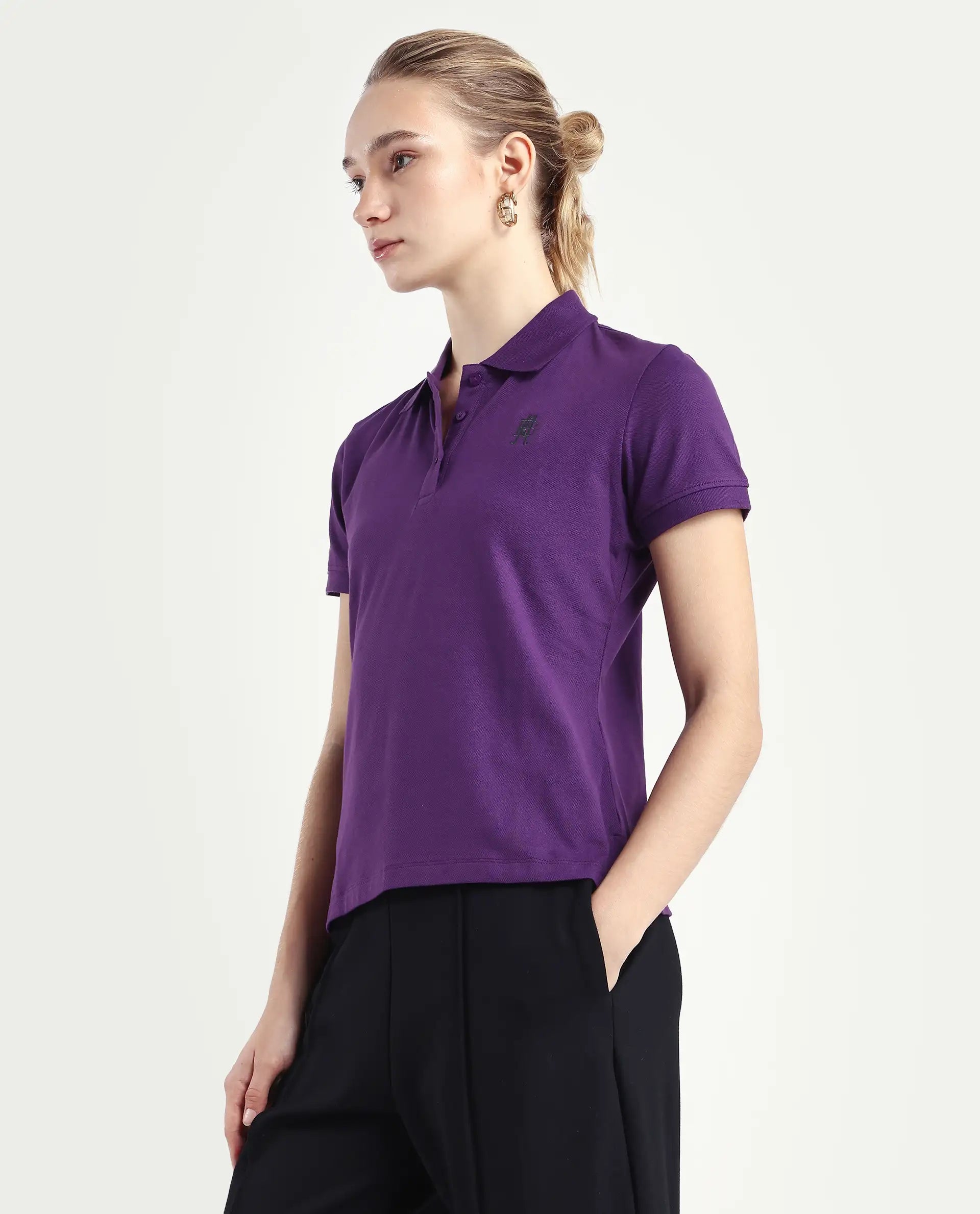 Rareism Women's Logan Purple Cotton Blend Polo Neck Plain Regular Fit Polo