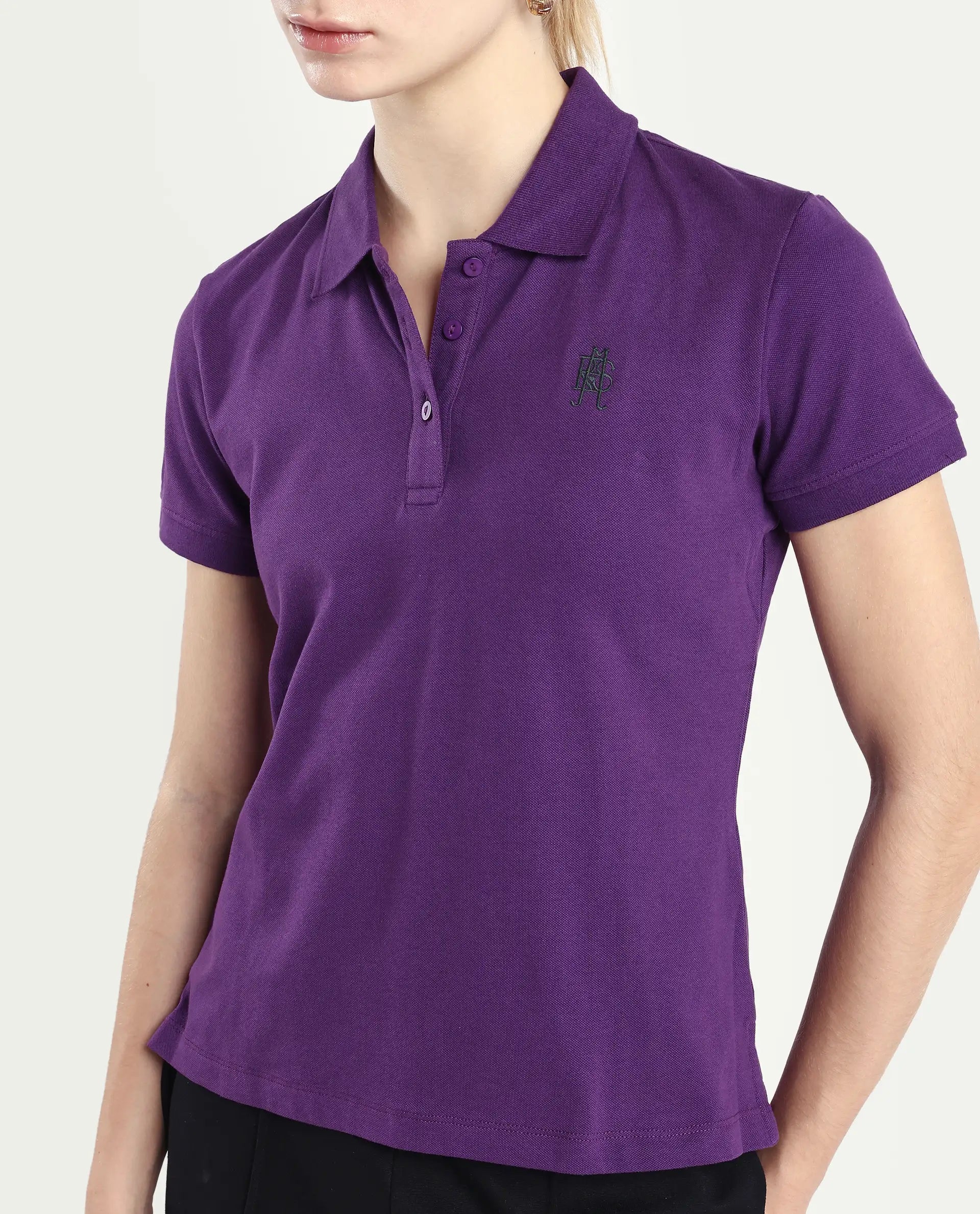 Rareism Women's Logan Purple Cotton Blend Polo Neck Plain Regular Fit Polo