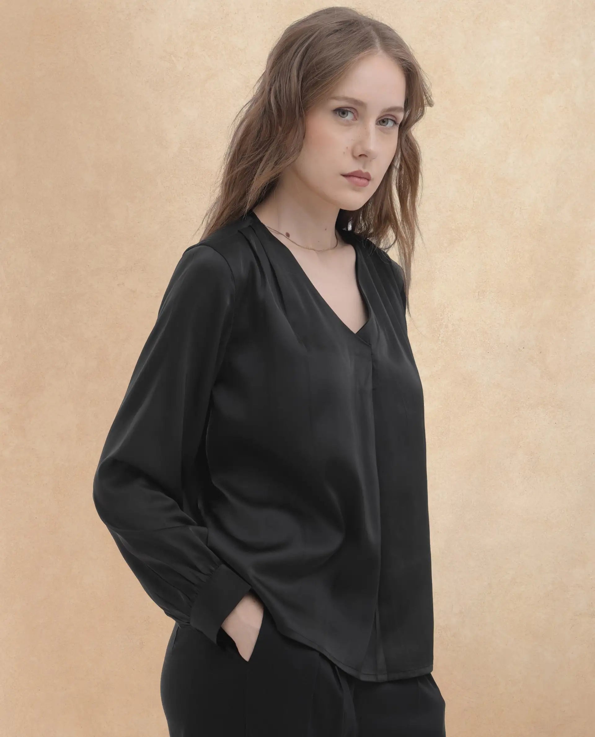 Rareism Women's Lohan Black Polyester V-Neck Plain Cuffed Sleeve Regular Fit Top