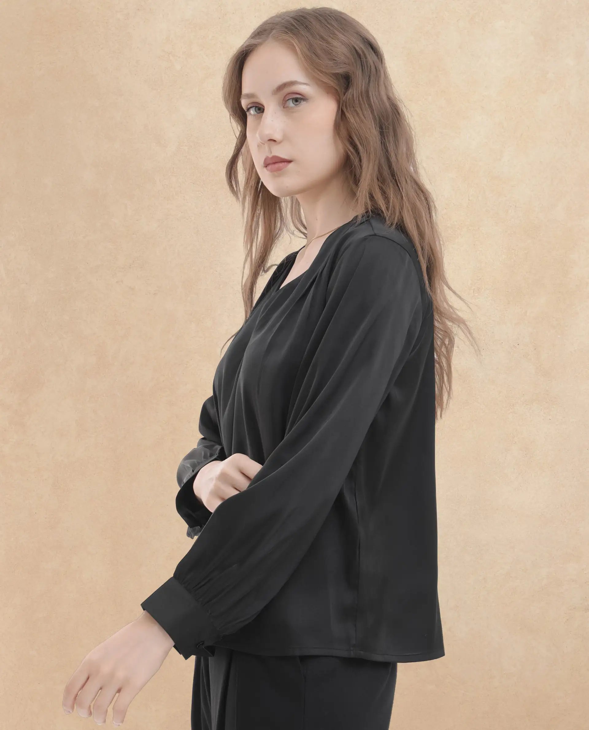 Rareism Women's Lohan Black Polyester V-Neck Plain Cuffed Sleeve Regular Fit Top