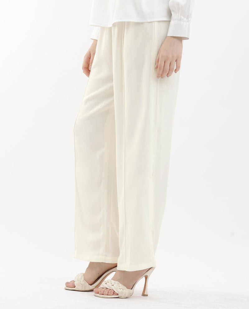 Rareism Women Haz Light Off White Polyester Fabric Wide Leg Fit Plain Ankle Length Trousers