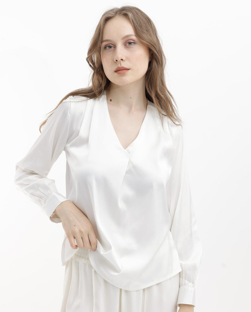 Rareism Women Lohan White Polyester Fabric Full Sleeves V-Neck Cuffed Sleeve Regular Fit Plain Top