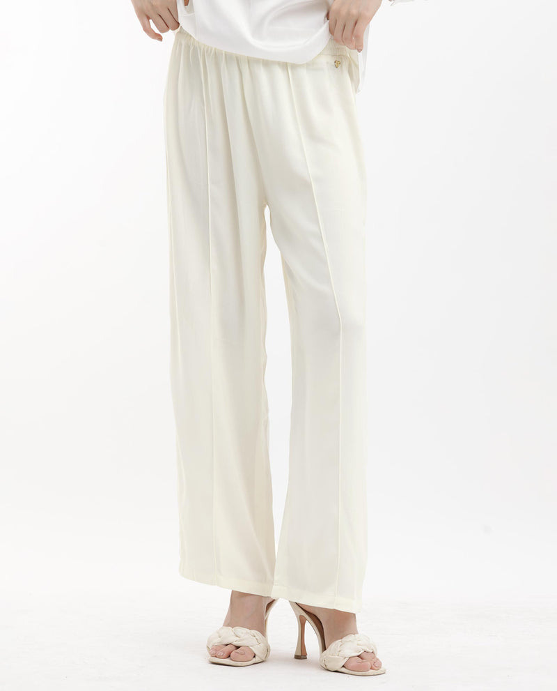 Rareism Women Haz Light Off White Polyester Fabric Wide Leg Fit Plain Ankle Length Trousers