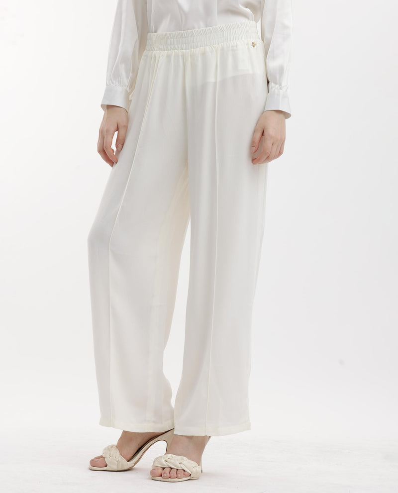 Rareism Women Haz Light Off White Polyester Fabric Wide Leg Fit Plain Ankle Length Trousers