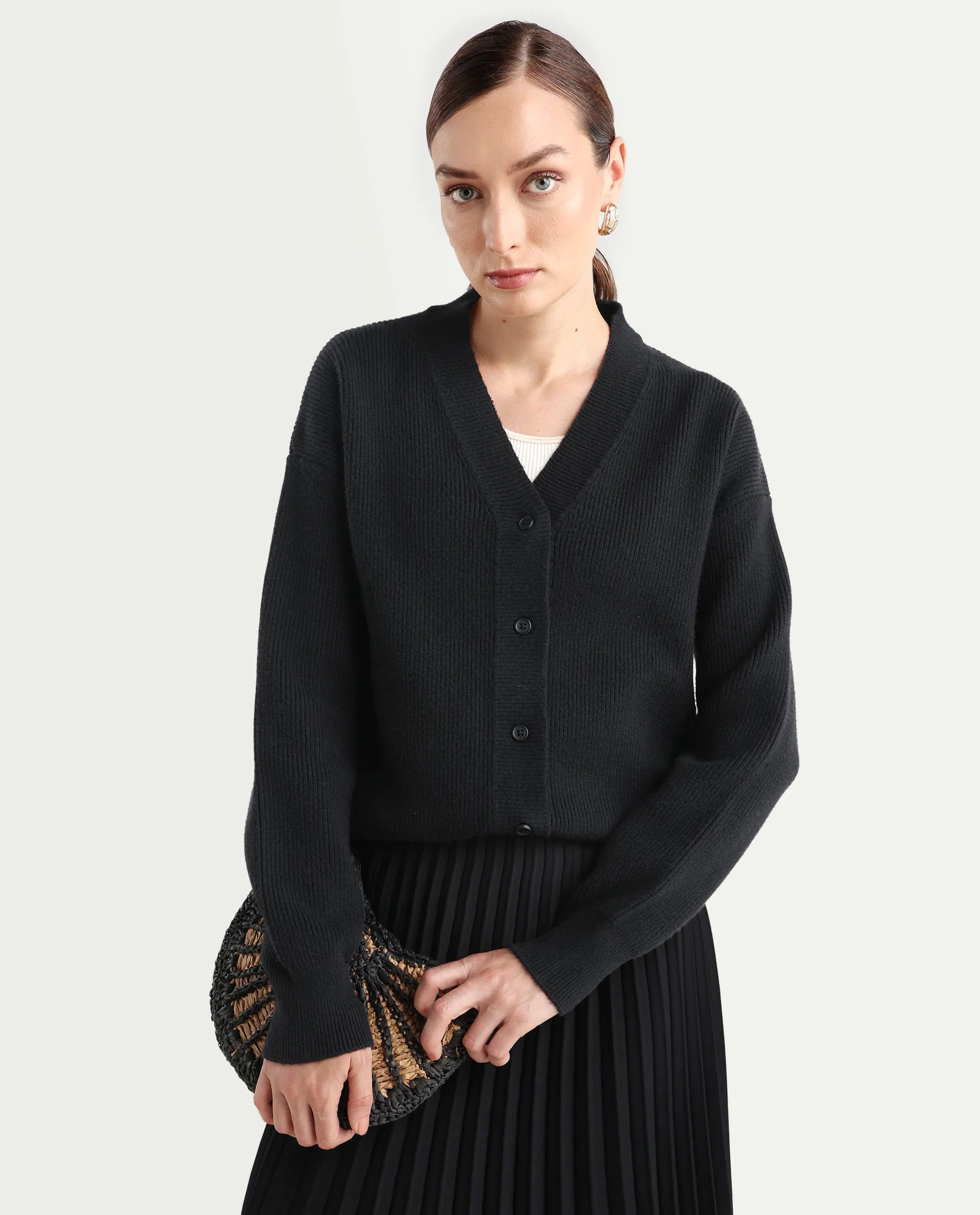 Rareism Women's Lola Black Acrylic V-Neck Regular Fit Plain Cardigan