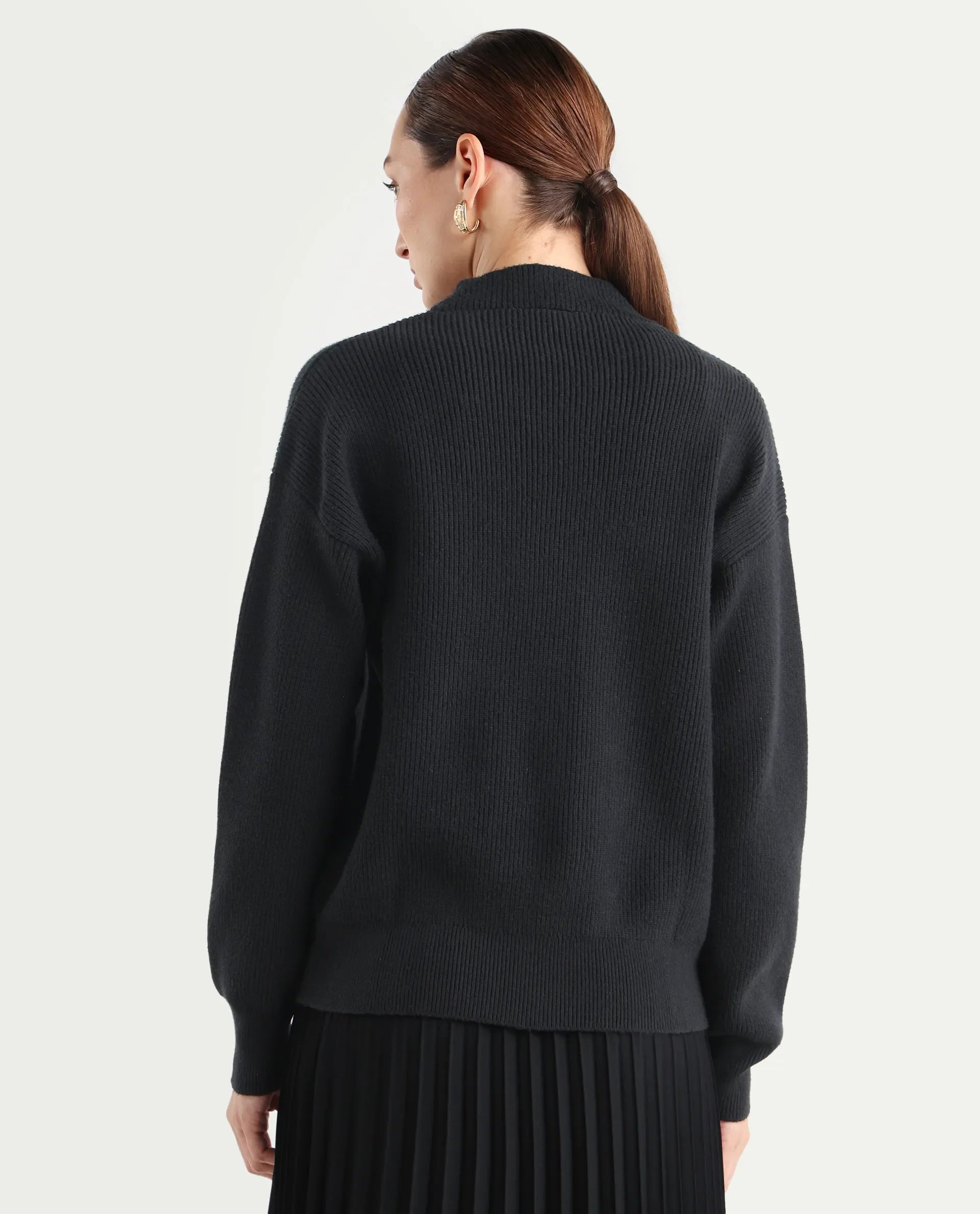 Rareism Women's Lola Black Acrylic V-Neck Regular Fit Plain Cardigan