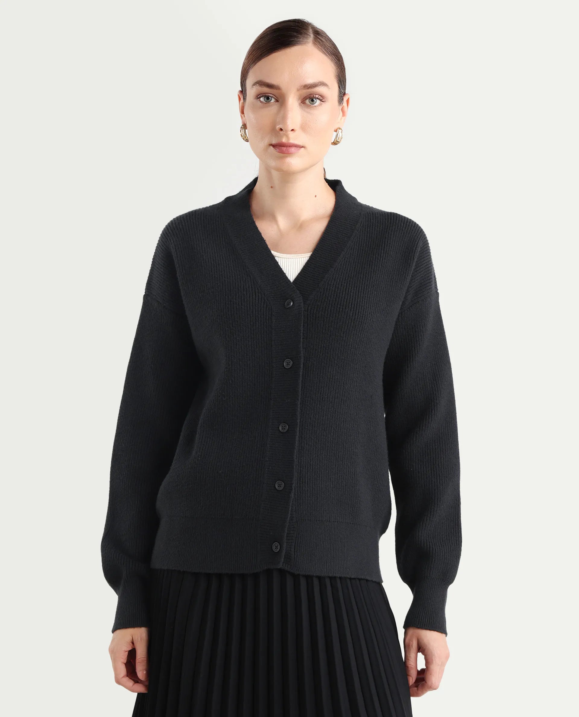 Rareism Women's Lola Black Acrylic V-Neck Regular Fit Plain Cardigan