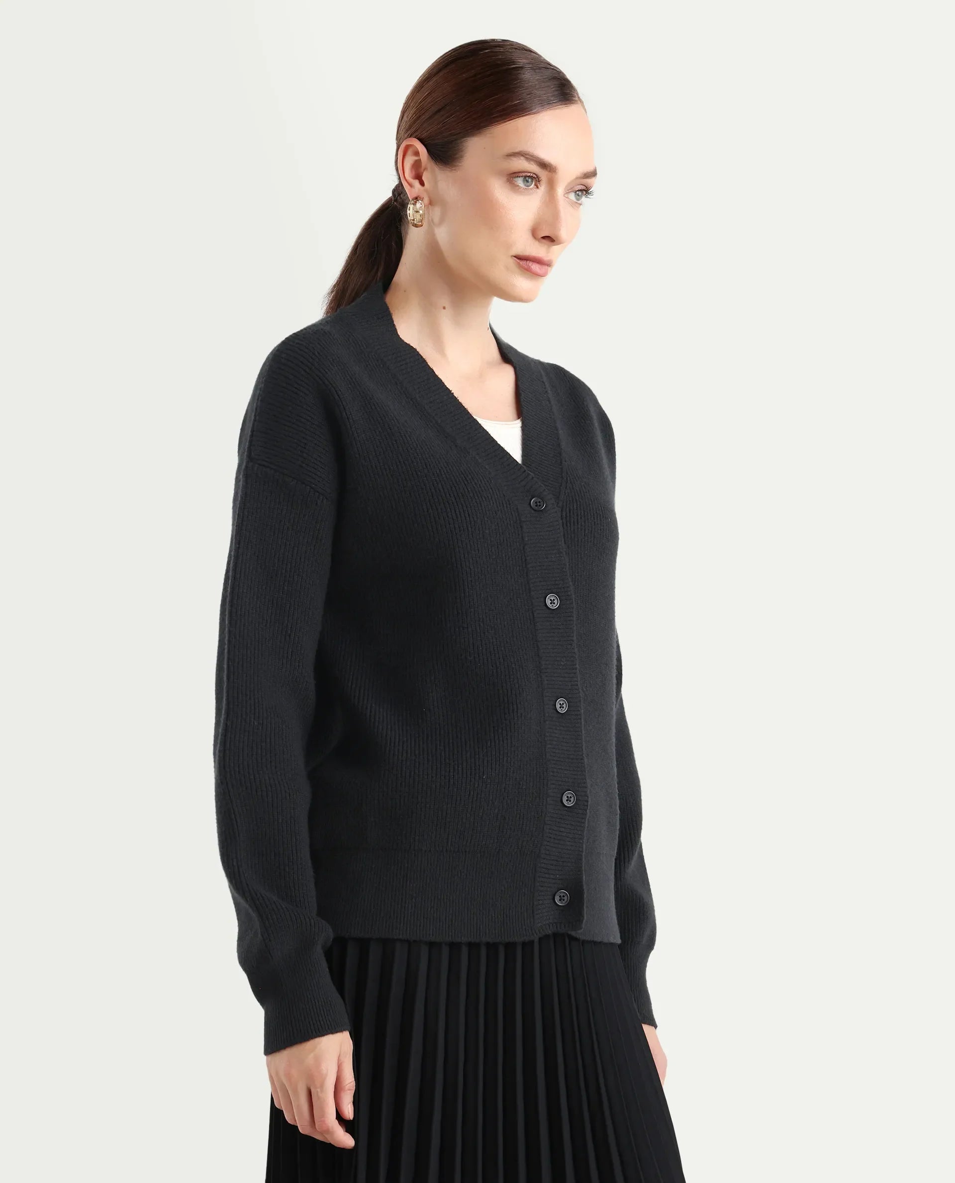 Rareism Women's Lola Black Acrylic V-Neck Regular Fit Plain Cardigan