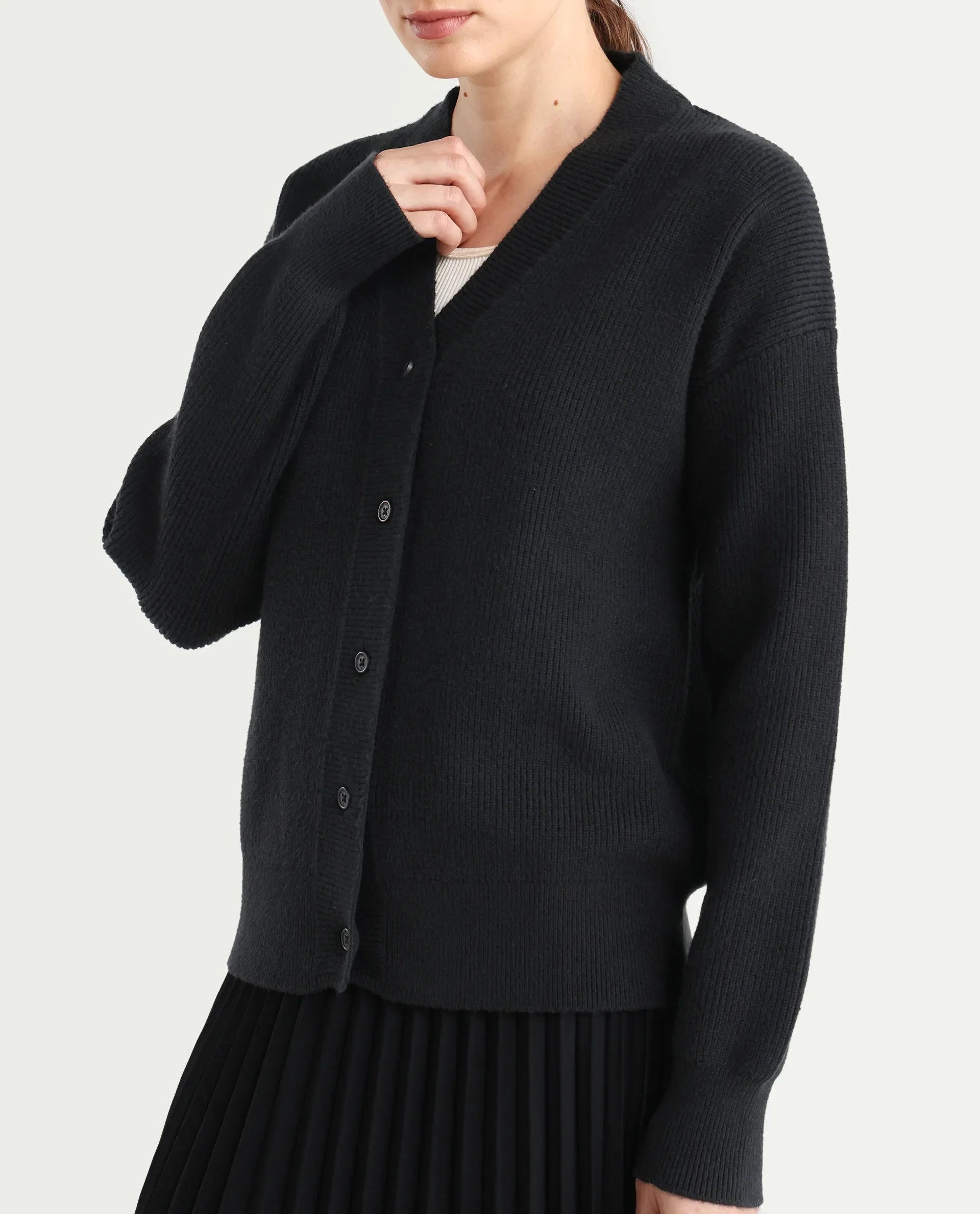 Rareism Women's Lola Black Acrylic V-Neck Regular Fit Plain Cardigan