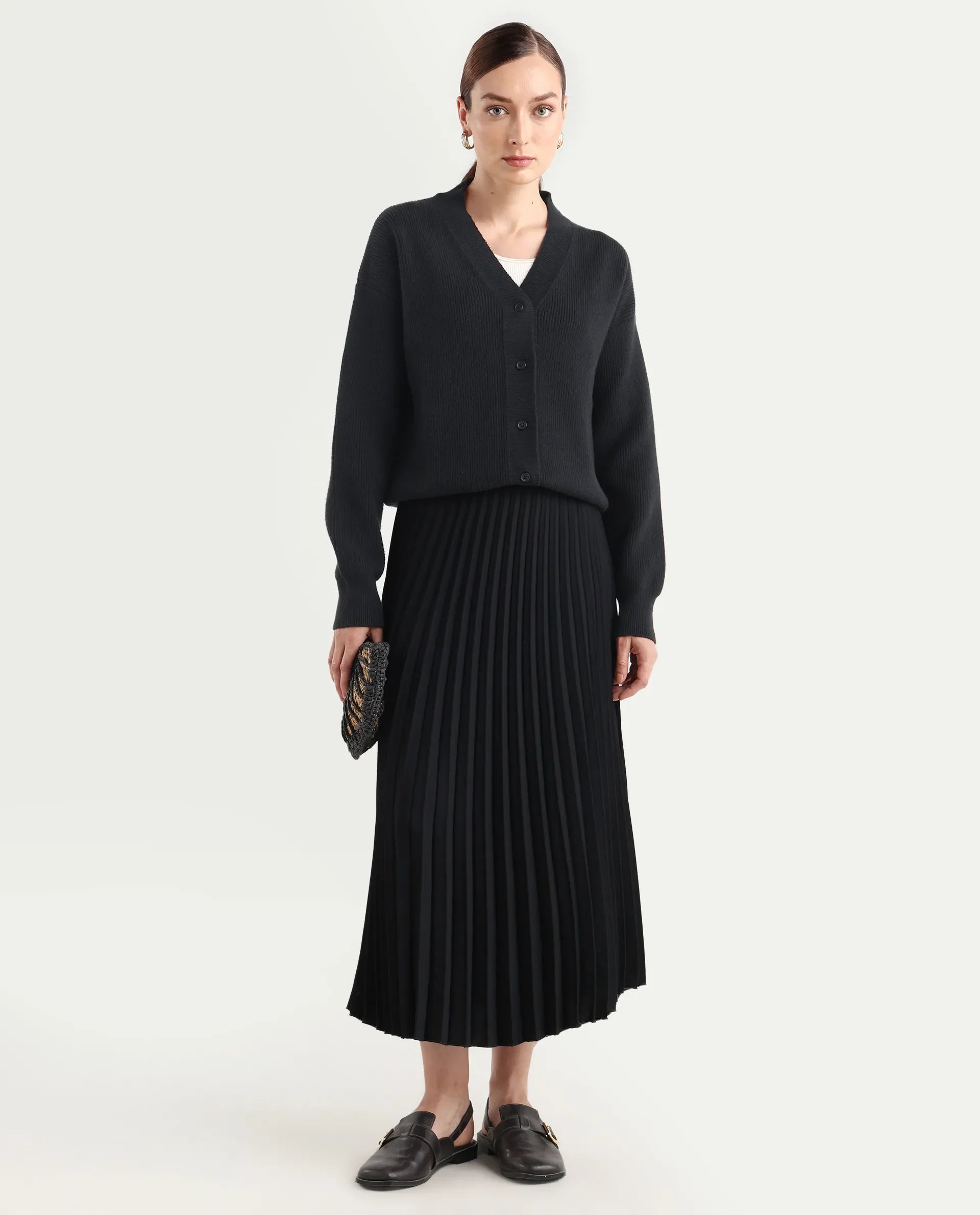 Rareism Women's Lola Black Acrylic V-Neck Regular Fit Plain Cardigan