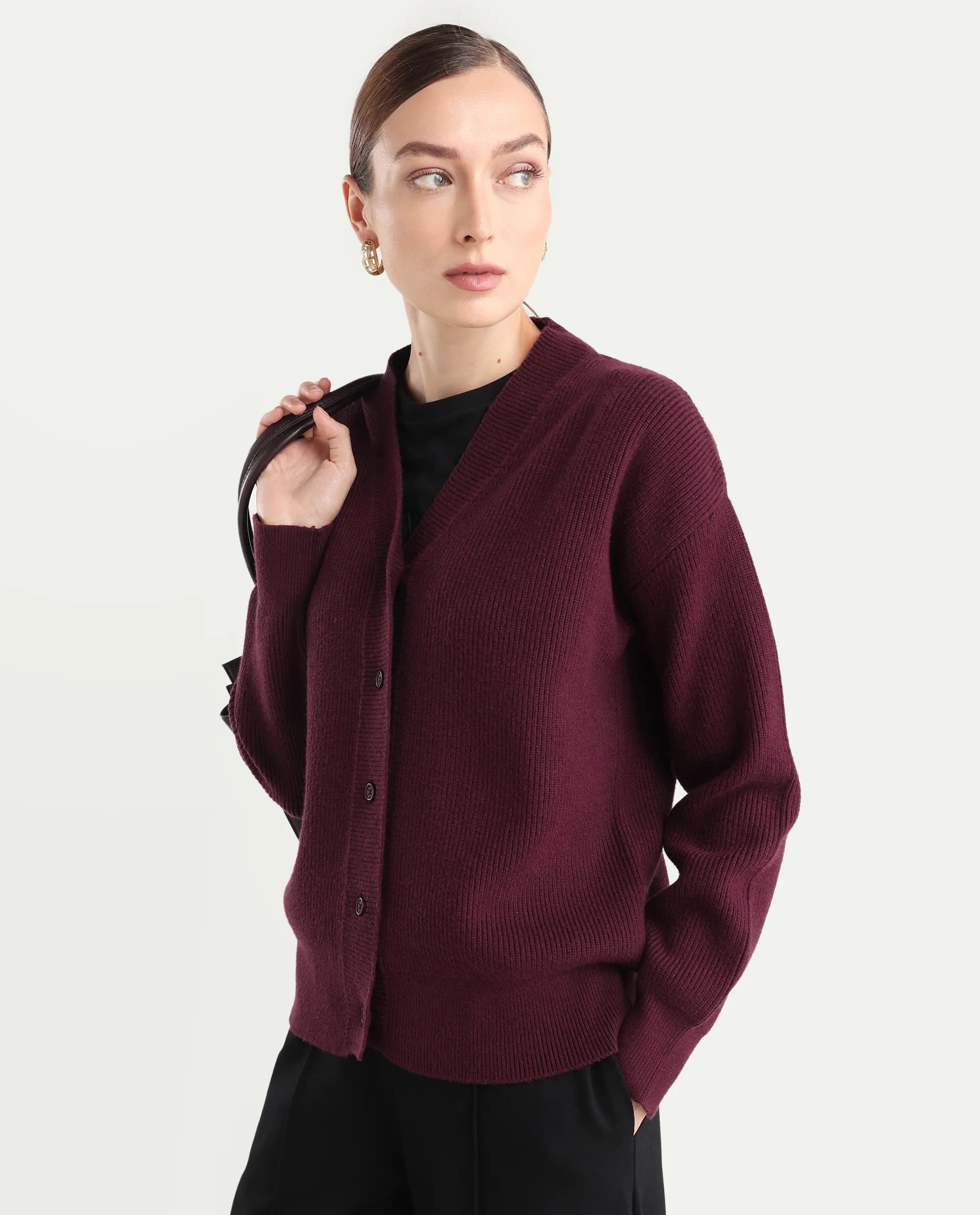 Rareism Women's Lola Dark Maroon Acrylic V-Neck Regular Fit Plain Cardigan