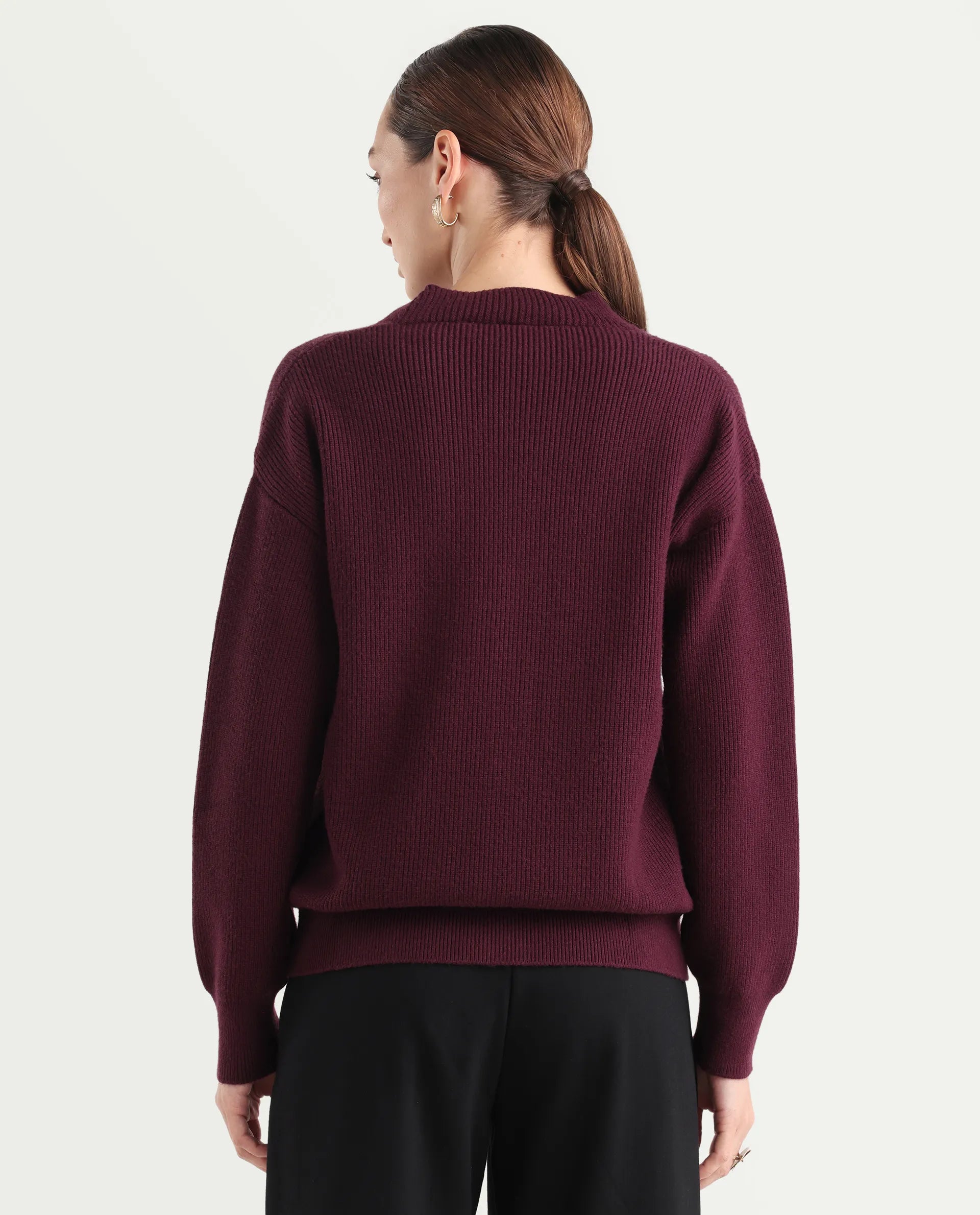 Rareism Women's Lola Dark Maroon Acrylic V-Neck Regular Fit Plain Cardigan